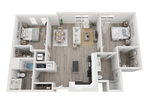 Floor plan for 2 beds, 2 baths, 1238 sqft
